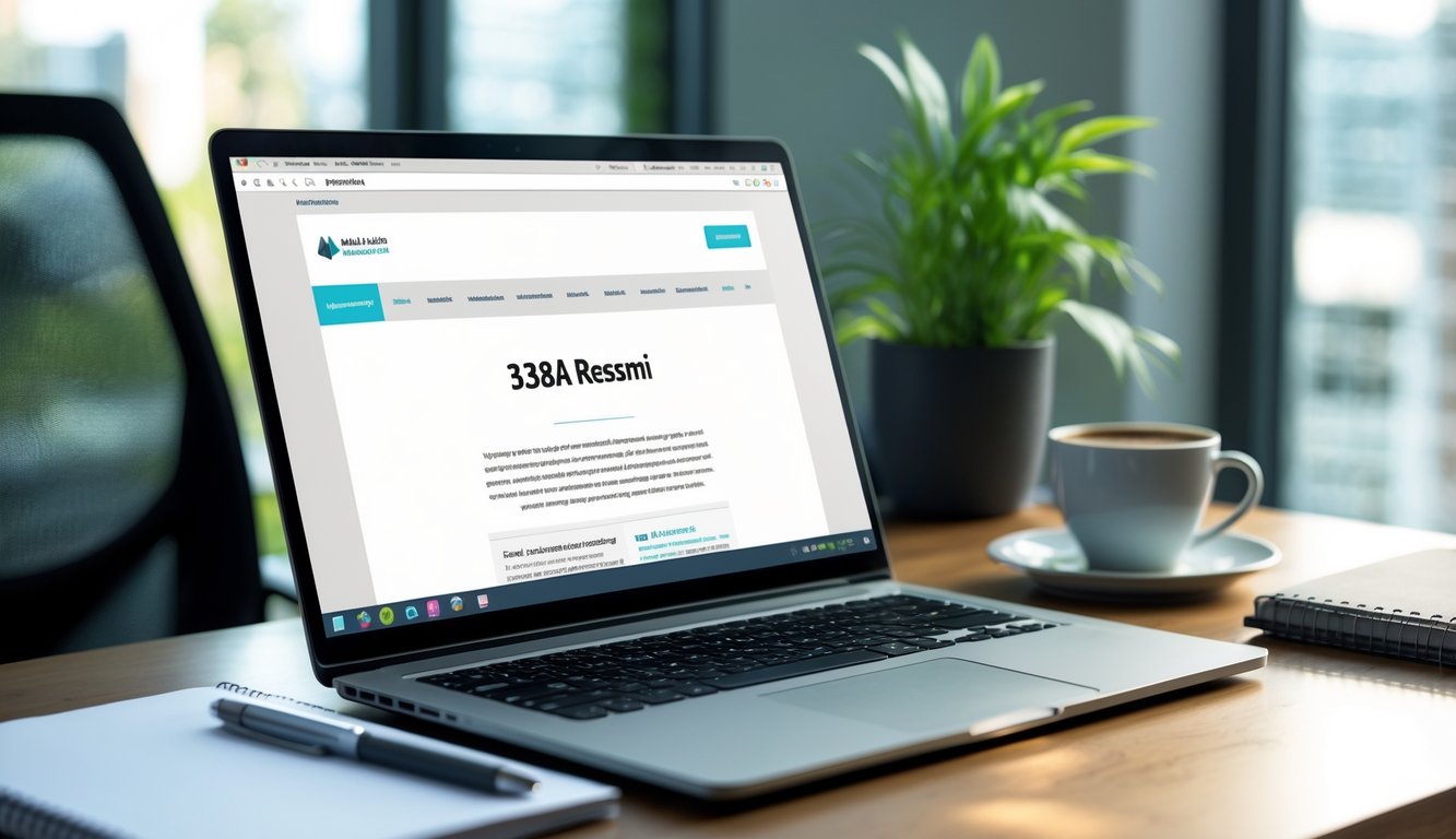 Sebuah ruang kerja kantor modern dengan laptop di atas meja kayu, dilengkapi mouse nirkabel, secangkir kopi, buku catatan, dan tanaman kecil.