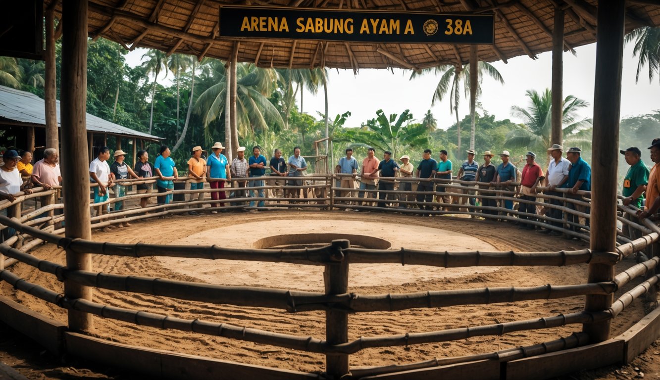 Suasana arena sabung ayam terbuka dengan penonton mengelilingi gelanggang bertarung, latar belakang tanaman tropis dan langit cerah.