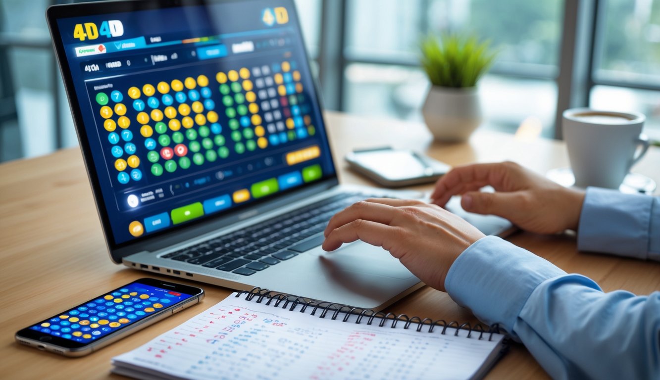 Seorang pria menggunakan laptop dan ponsel di meja kerja dengan tampilan angka lotere digital, di ruangan kantor yang terang.