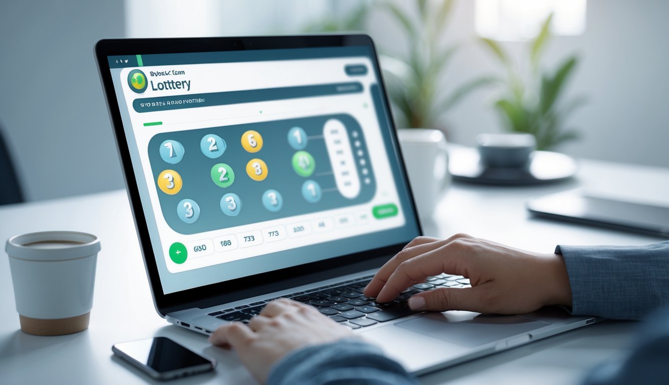 Meja kerja modern dengan laptop yang menampilkan antarmuka lotere digital dan tangan seseorang yang sedang menggunakan laptop.