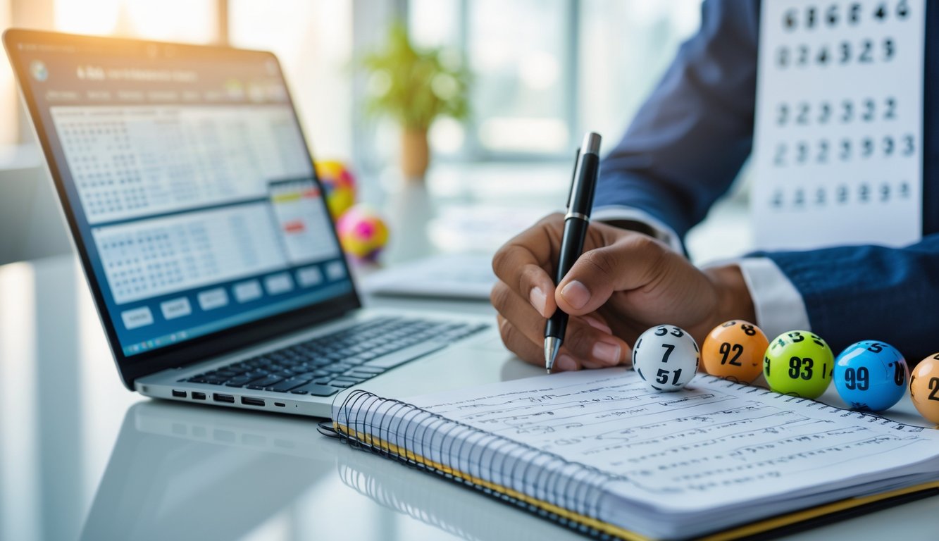 Meja kerja modern dengan laptop, tangan memegang pena di atas buku catatan berisi angka, dan bola lotre berwarna-warni di sekitarnya.