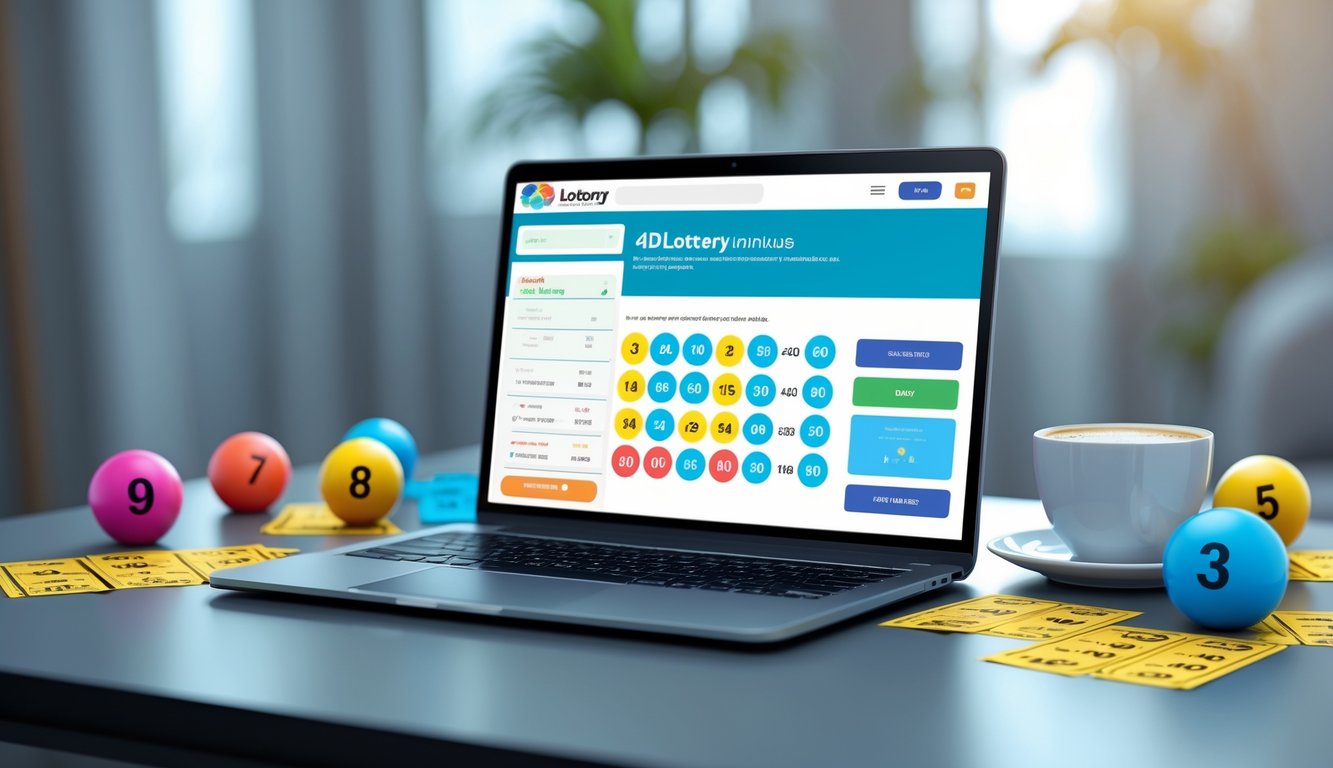 Seorang pengguna duduk di depan laptop dengan tampilan situs togel online 4D, dikelilingi oleh bola bernomor dan tiket togel di atas meja.