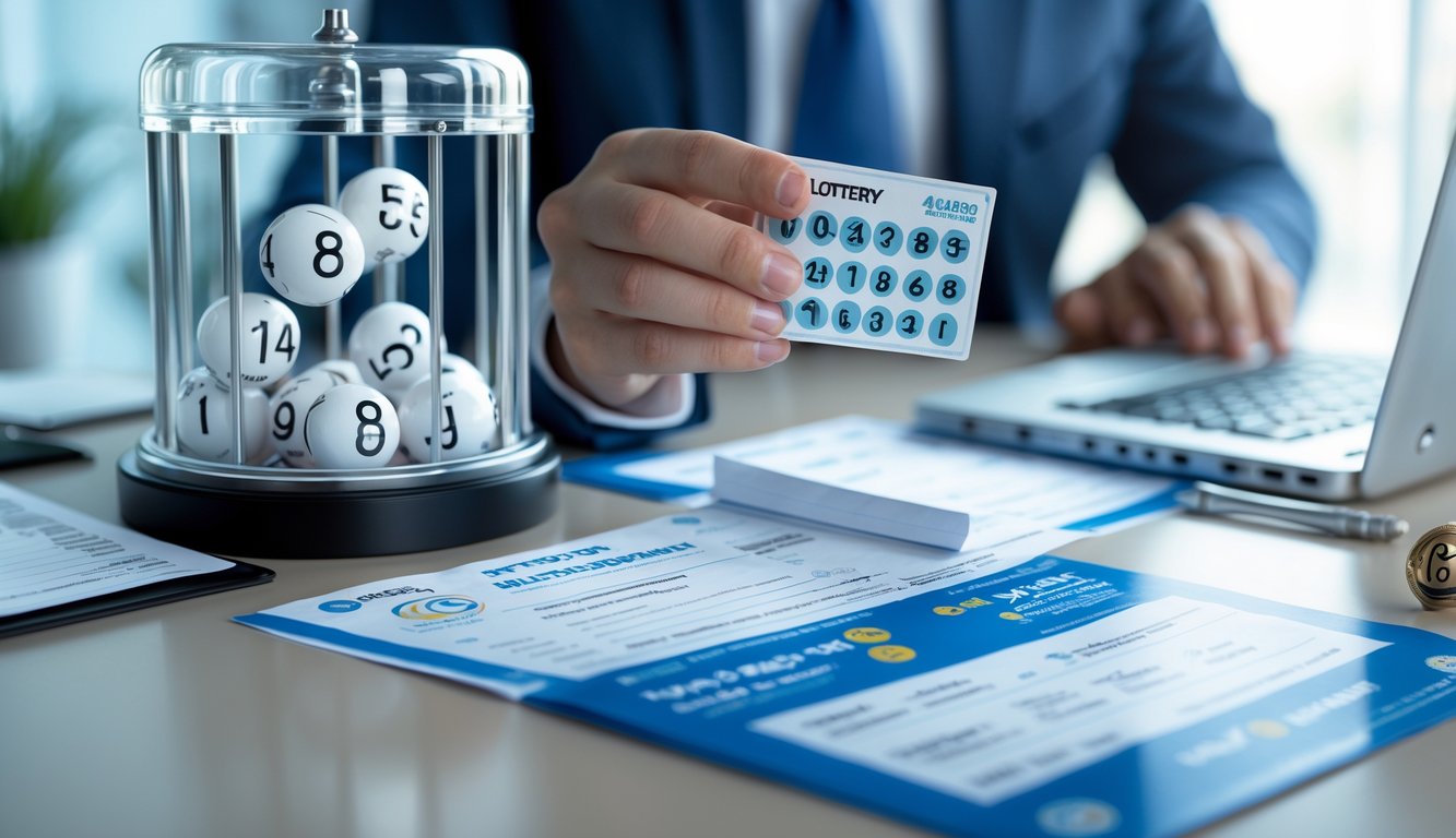 Seseorang memegang tiket lotere di meja dengan bola lotere transparan dan layar komputer yang menampilkan angka lotere.