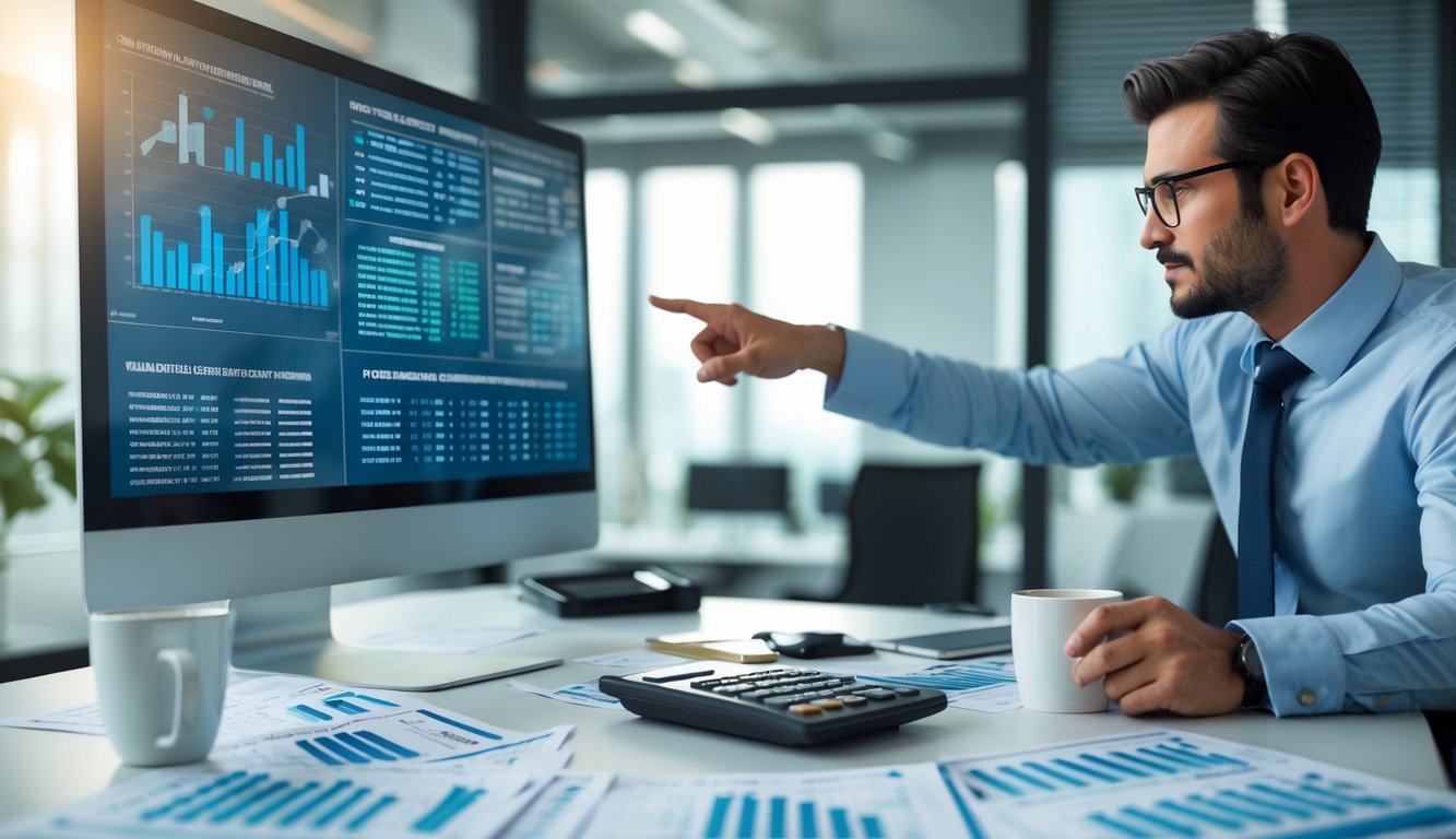 Seorang profesional sedang menganalisis data angka di depan komputer di ruang kantor yang rapi dan terang.