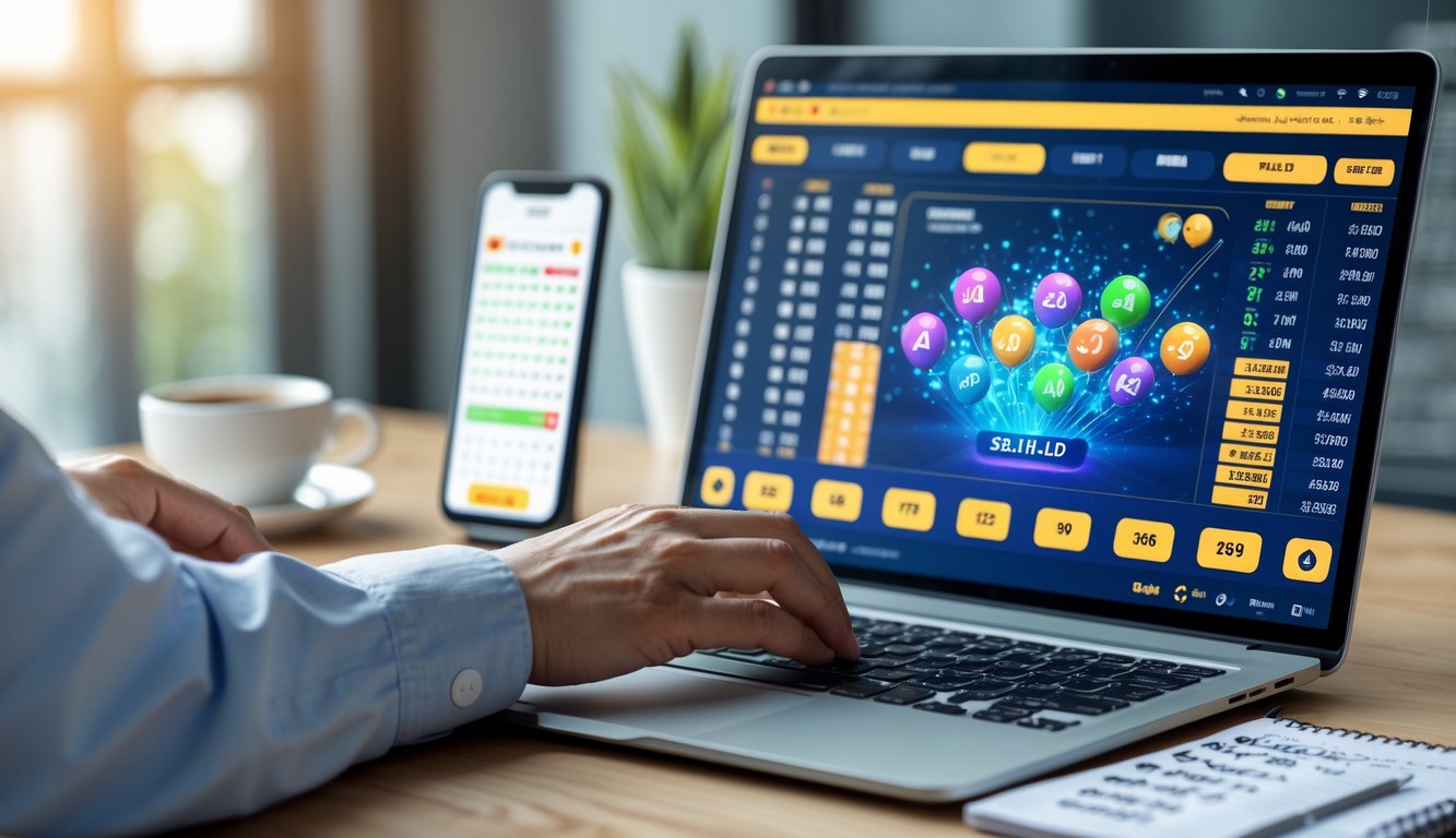 Seseorang menggunakan laptop di meja kerja dengan tampilan antarmuka lotre online dan beberapa alat tulis di sekitar.