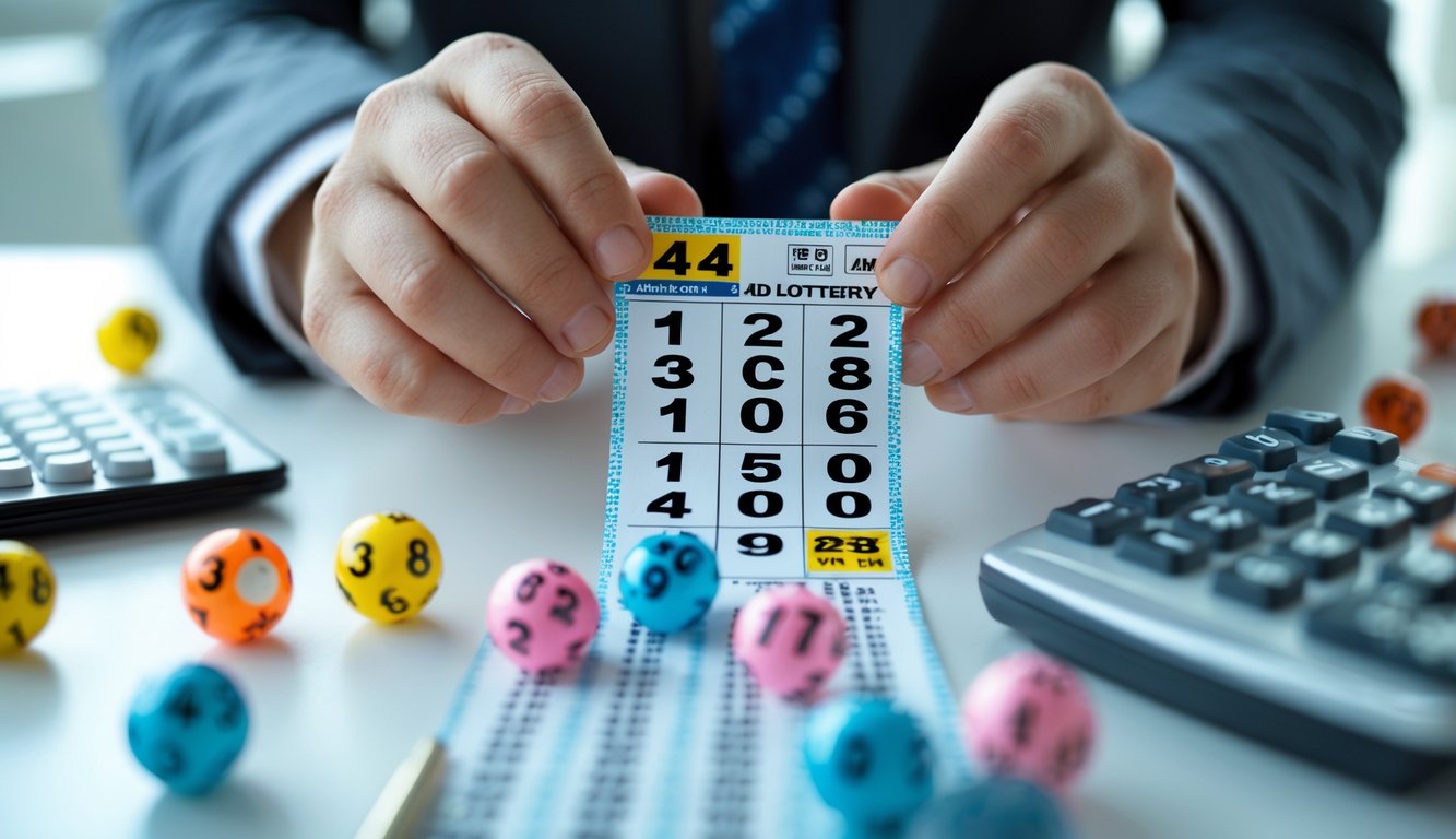Tangan seseorang memegang tiket lotere dengan empat angka yang jelas terlihat di atas meja yang rapi.