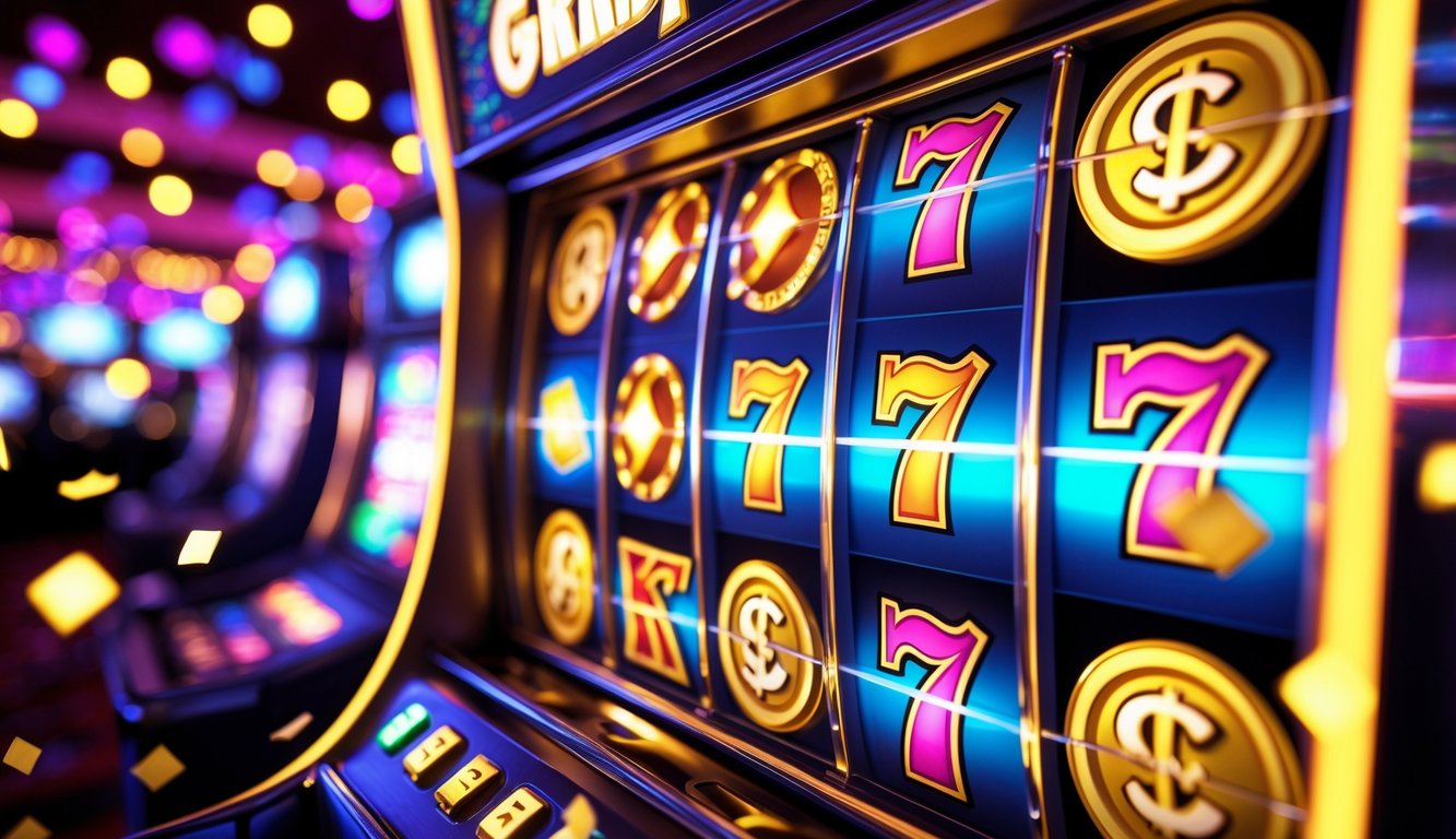 Mesin slot dengan gulungan berwarna-warni yang sedang berputar, dikelilingi oleh cahaya dan konfeti yang menunjukkan suasana kemenangan besar.