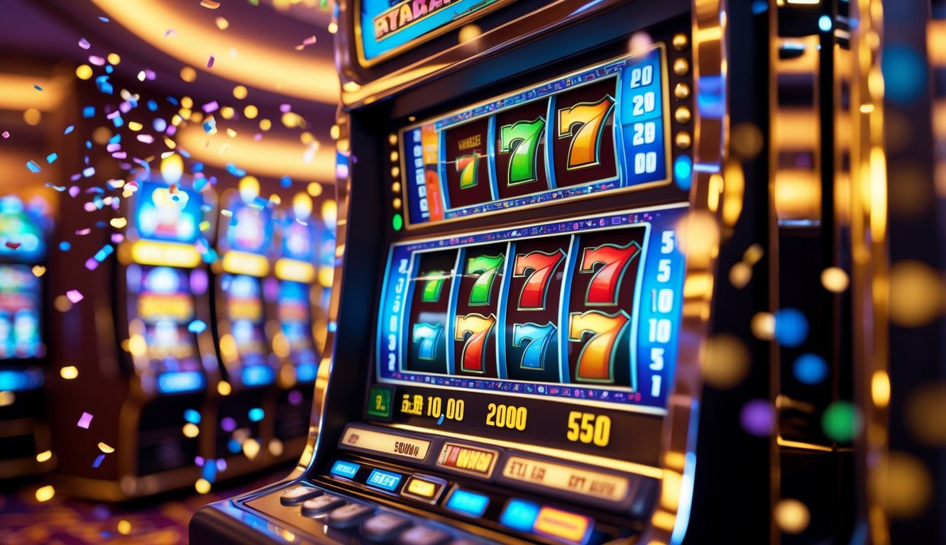 Mesin slot di kasino sedang menunjukkan kemenangan jackpot dengan lampu dan konfeti yang meriah.