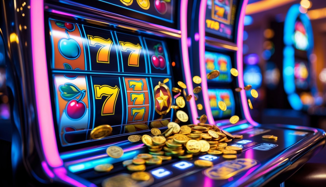 Mesin slot modern dengan gulungan berwarna-warni dan koin berjatuhan di latar belakang kasino mewah.