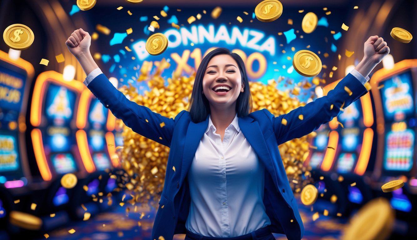 Seseorang yang sedang merayakan kemenangan besar dengan koin emas dan konfeti berwarna-warni di latar belakang suasana kasino.