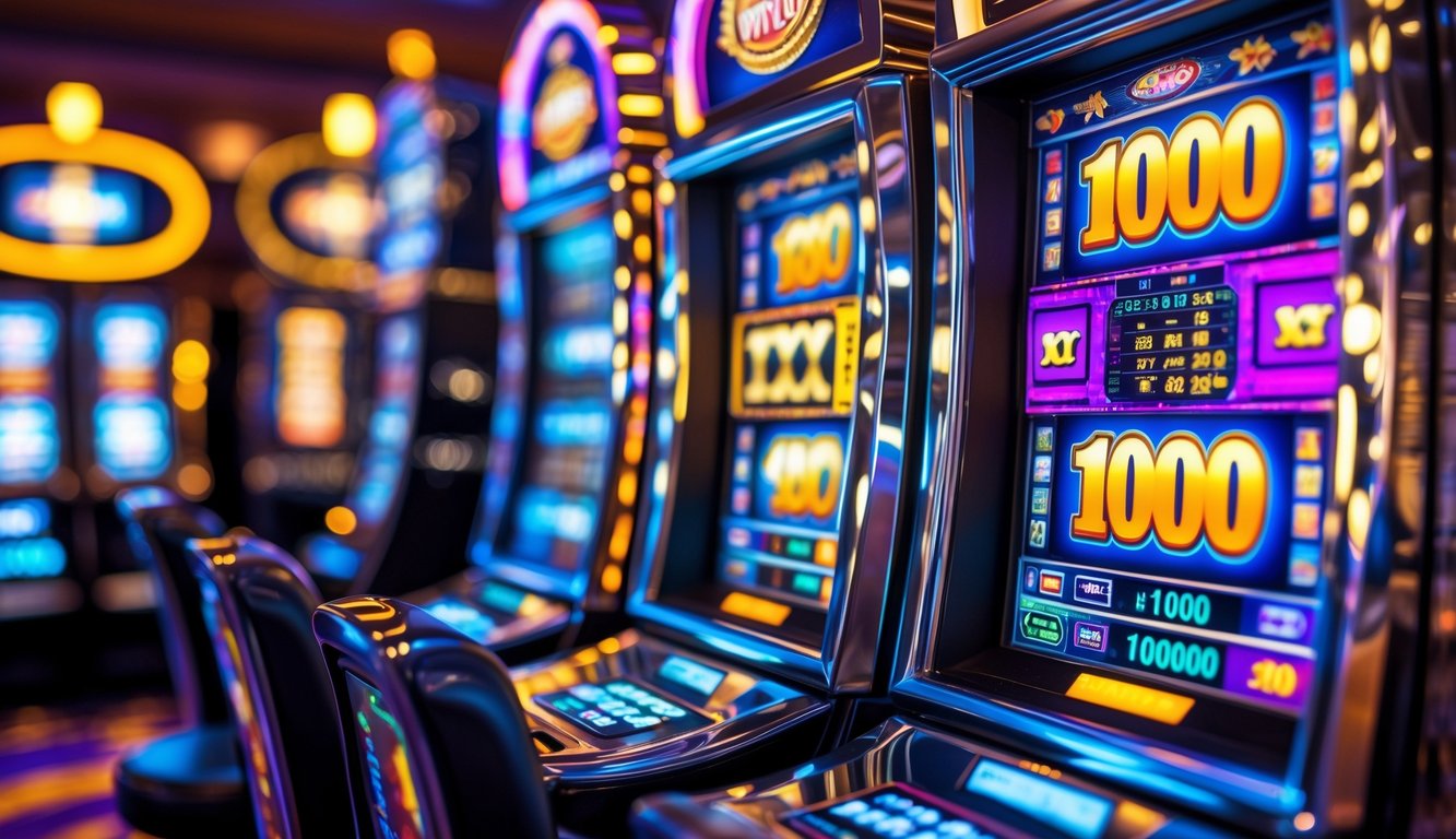 Mesin slot di kasino dengan lampu warna-warni dan koin yang keluar saat kemenangan besar.