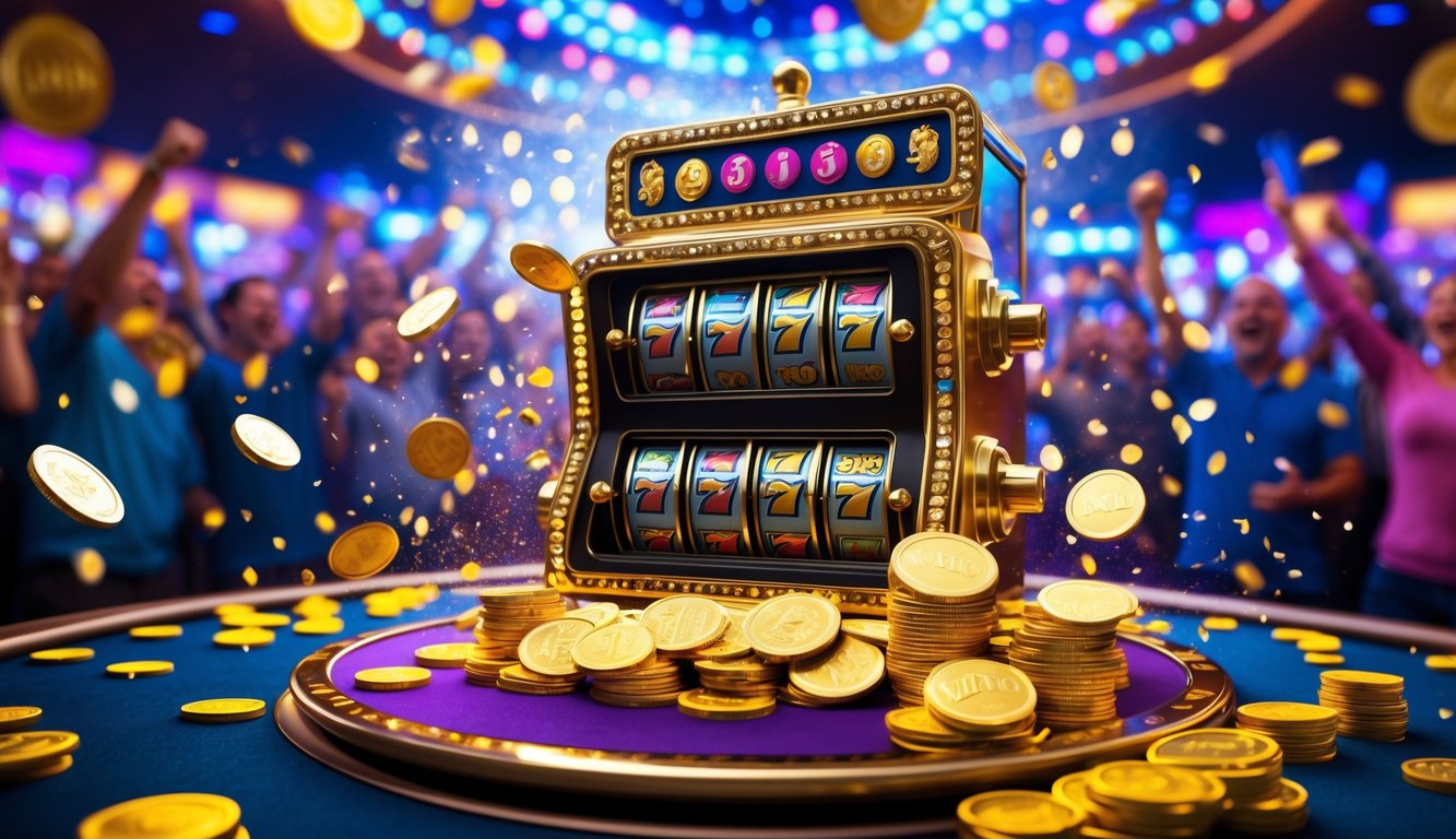 Mesin slot berwarna-warni dengan koin emas dan chip kasino yang berjatuhan, dikelilingi oleh lampu terang dan kerumunan orang yang merayakan kemenangan.