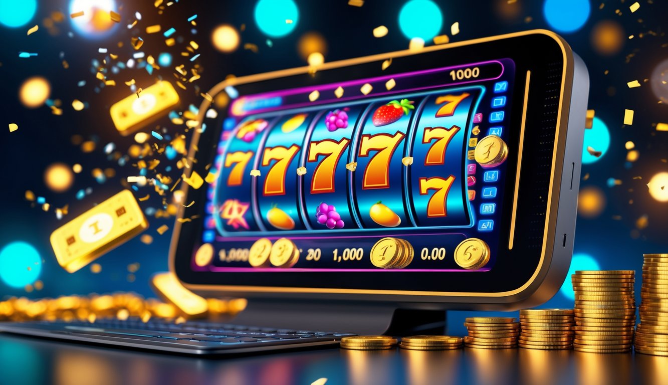 Layar komputer atau ponsel menampilkan permainan slot online dengan simbol berwarna-warni dan efek cahaya yang menunjukkan kemenangan besar.