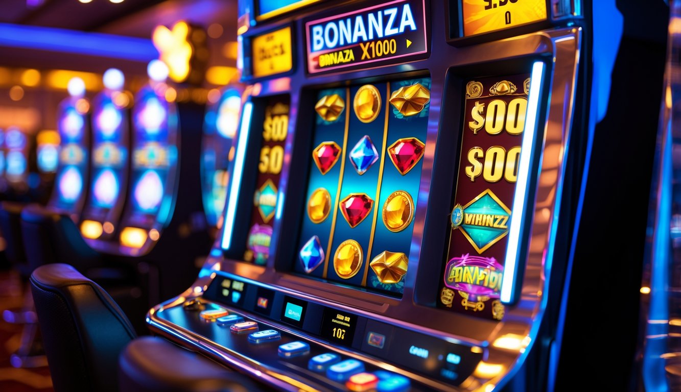 Mesin slot kasino modern dengan simbol warna-warni dan lampu terang di latar belakang kasino yang samar.