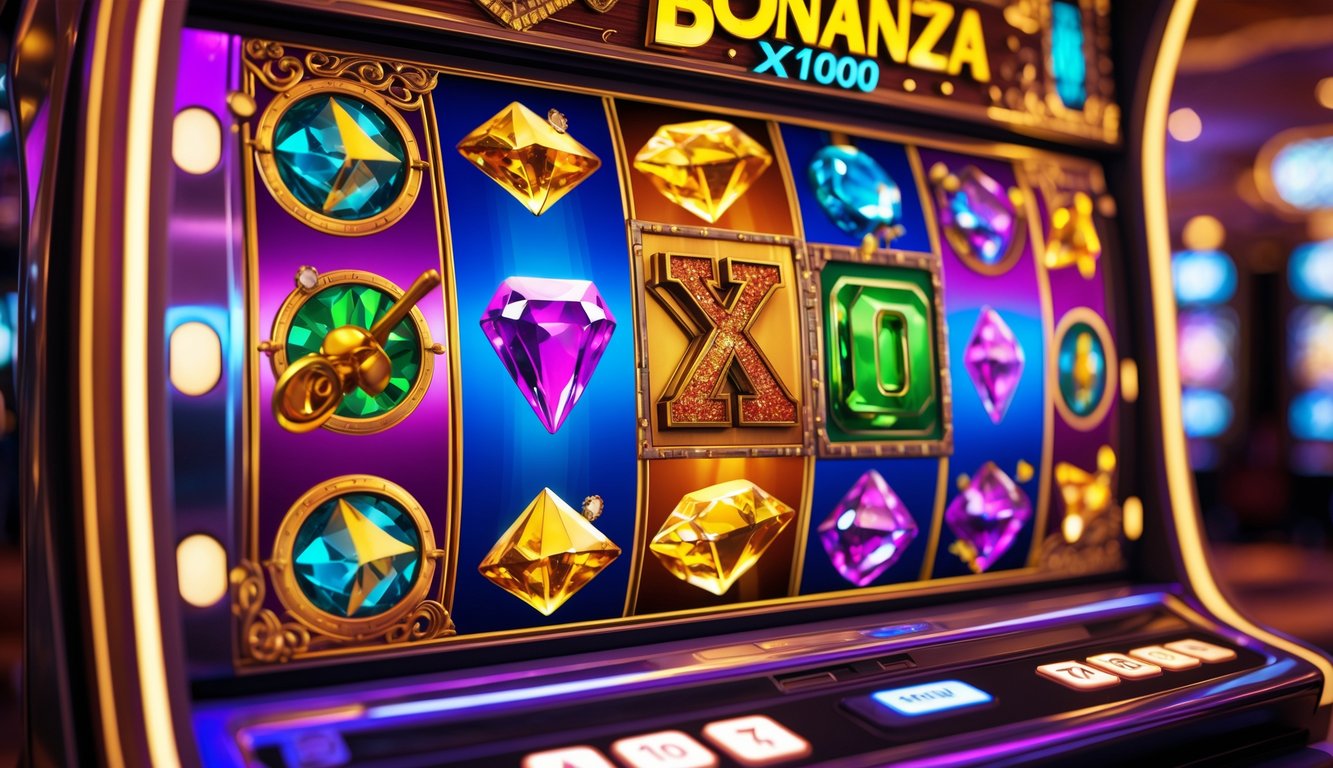 Mesin slot berwarna-warni dengan gambar permata dan alat tambang di latar kasino.