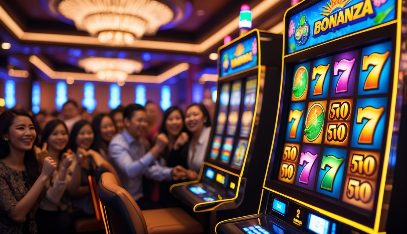 Mesin slot berwarna cerah dengan latar kasino mewah dan orang-orang yang senang merayakan kemenangan.