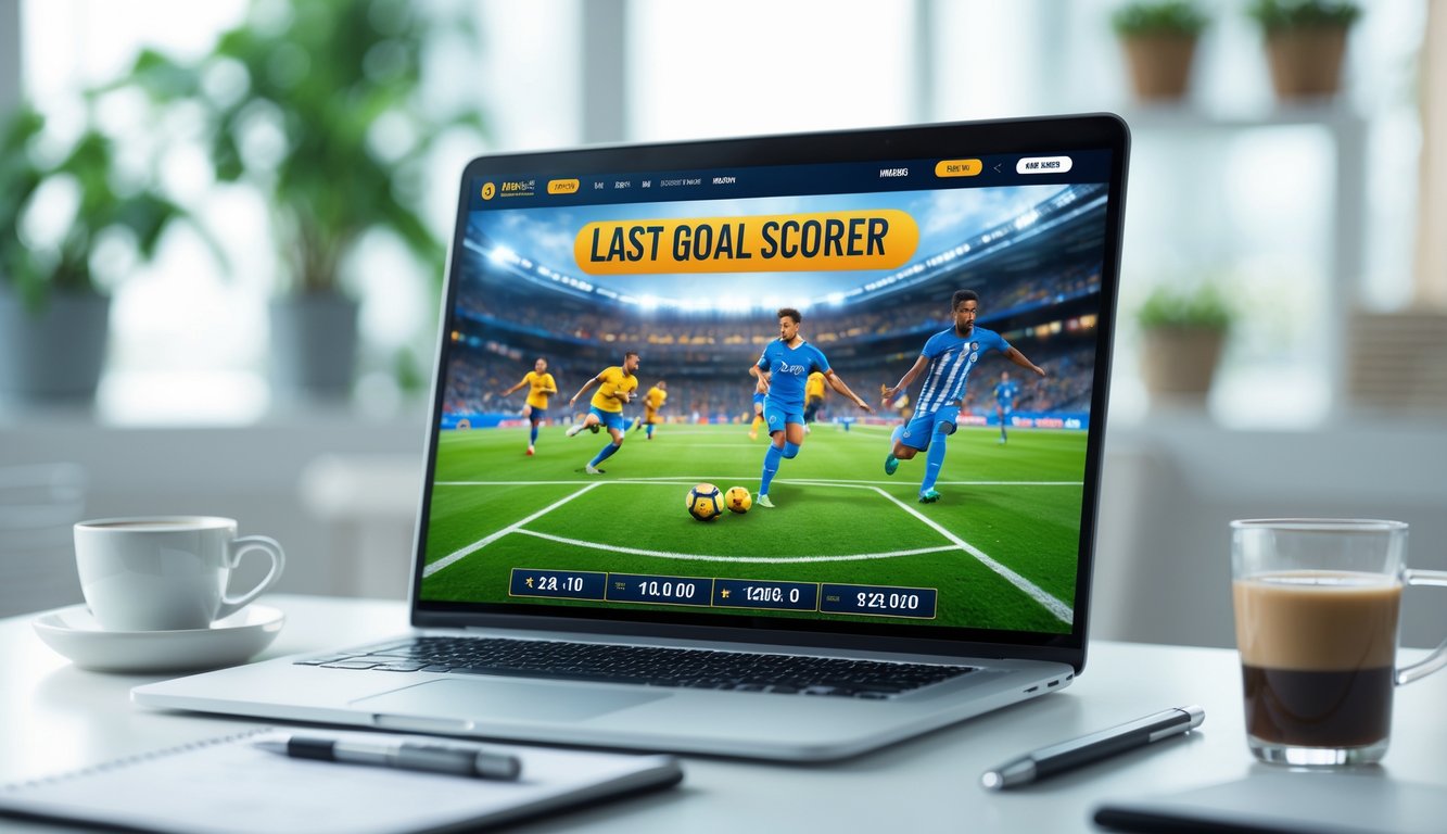 Seorang pria sedang menggunakan laptop dengan tampilan taruhan sepak bola tentang pencetak gol terakhir, di ruang kerja yang terang dan rapi.