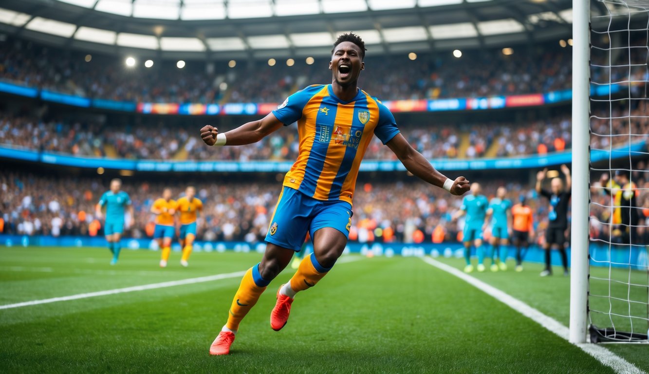 Seorang pemain sepak bola merayakan gol terakhir di lapangan dengan penonton di latar belakang.