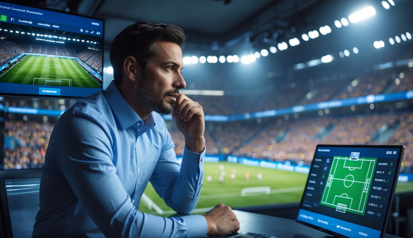 Seorang analis olahraga di studio modern sedang melihat layar digital dengan data pertandingan sepak bola dan posisi pemain.