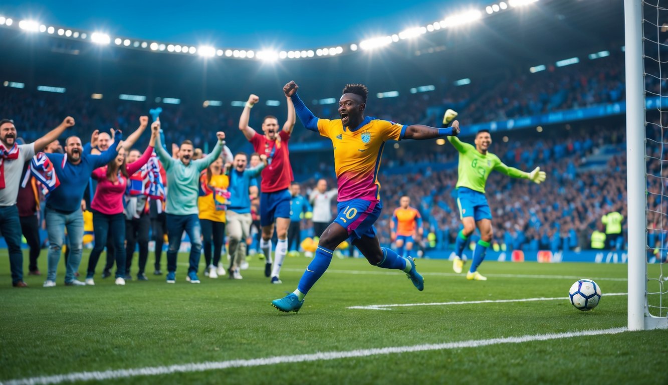 Suasana stadion sepak bola dengan pemain yang baru saja mencetak gol dan penonton yang bersorak gembira.