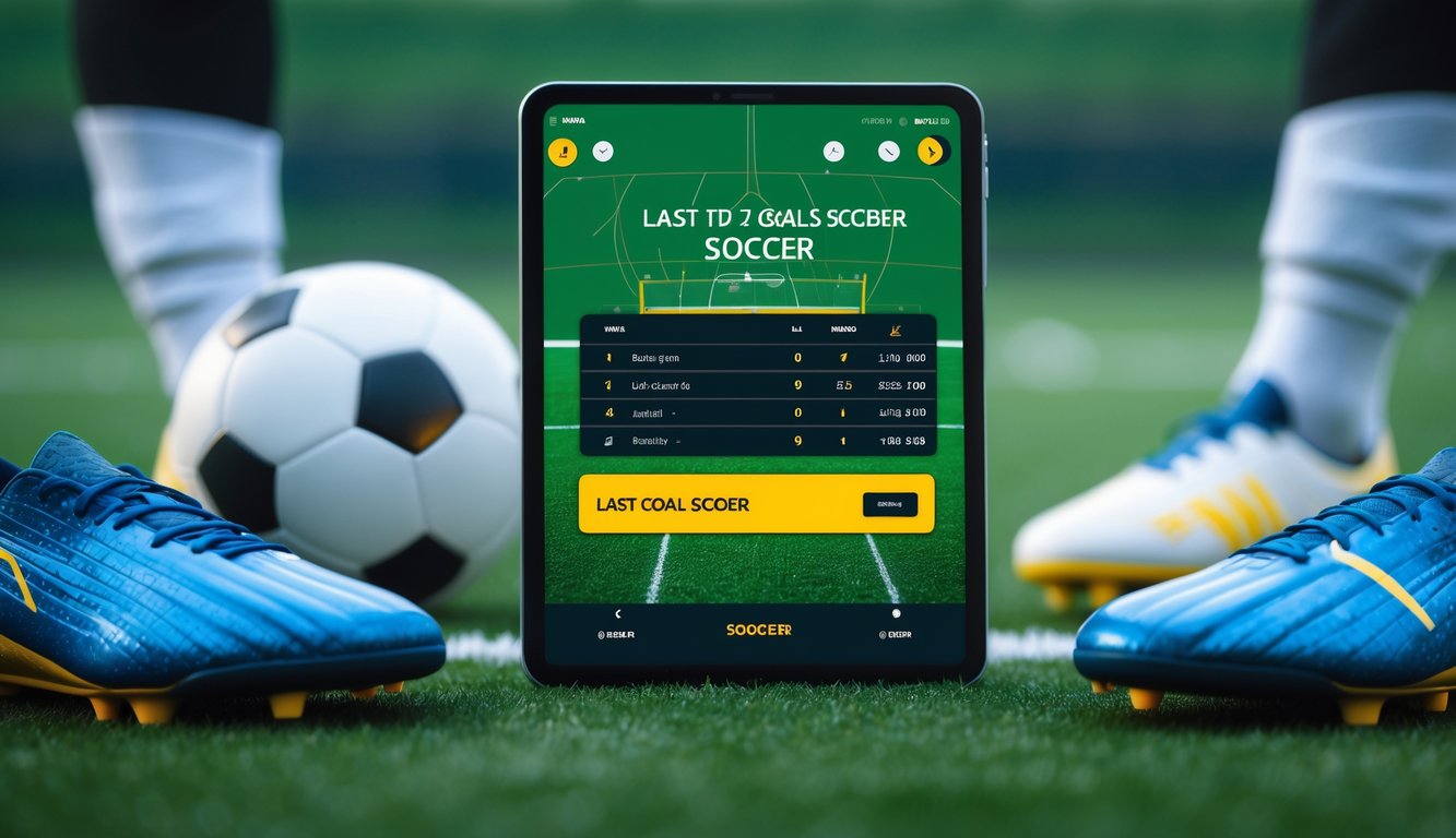 Sebuah perangkat digital menampilkan antarmuka taruhan sepak bola dengan bola dan sepatu sepak bola di latar belakang.