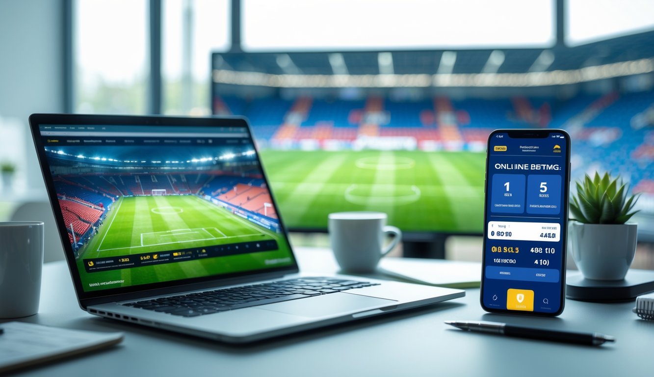 Seorang pengguna sedang melihat pertandingan sepak bola dan aplikasi taruhan online di laptop dan ponsel di meja kerja.