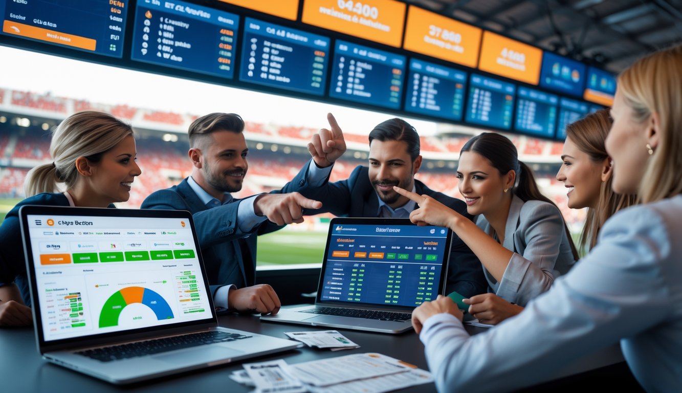 Orang-orang sedang melihat layar komputer dan ponsel dengan data pertandingan sepak bola di meja taruhan.