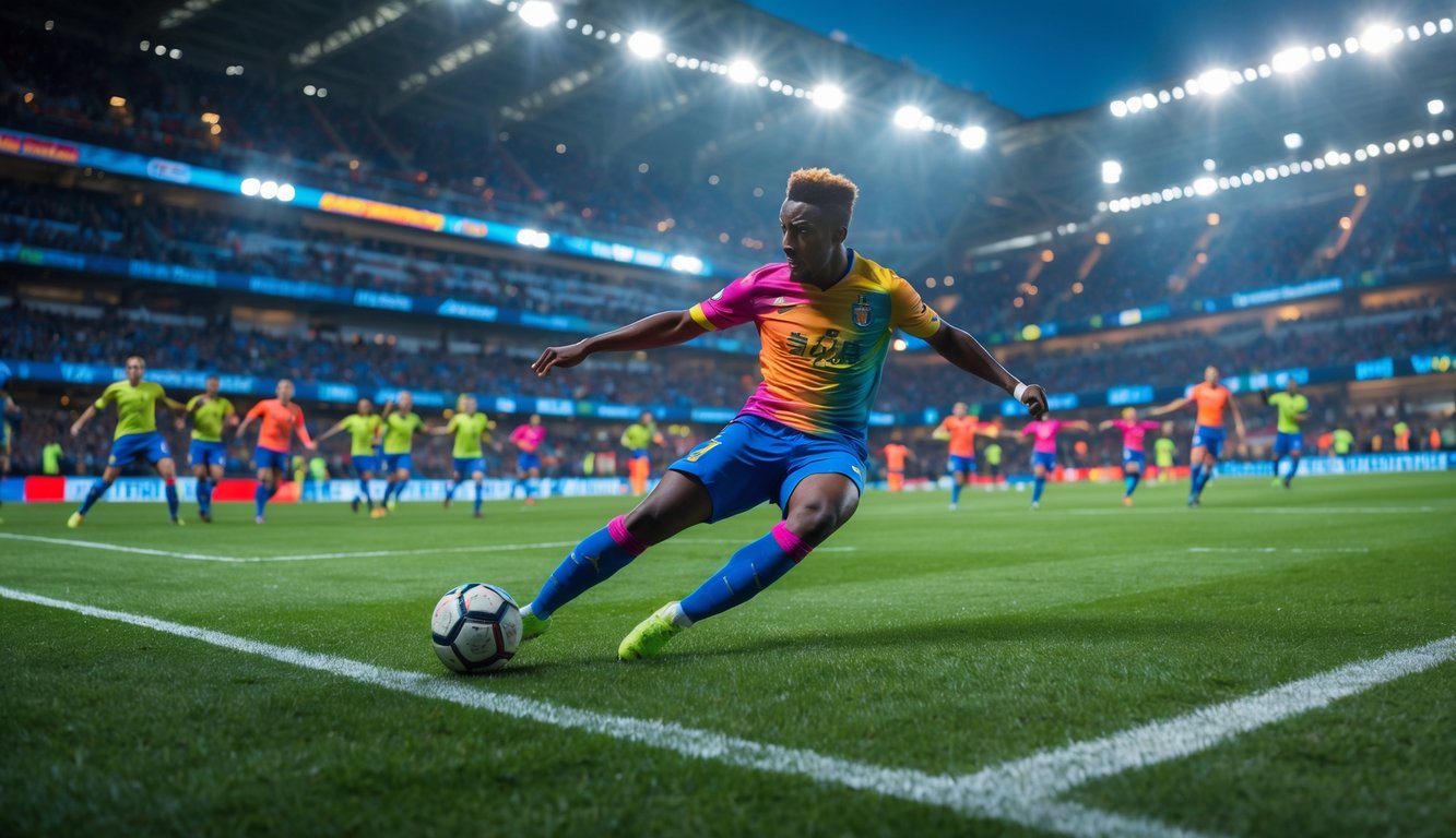 Seorang pemain sepak bola sedang menendang bola untuk mencetak gol terakhir di stadion penuh penonton yang bersorak.