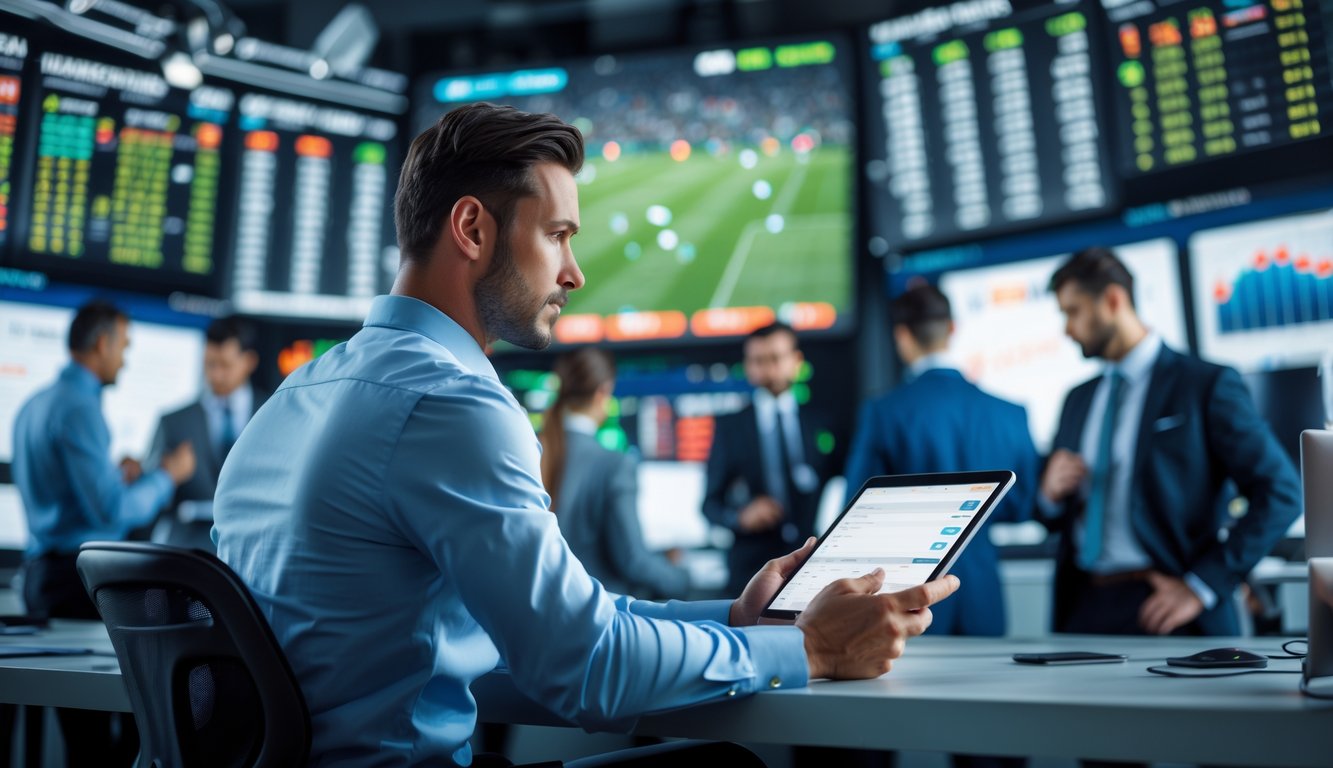 Seorang profesional sedang menganalisis data di pasar olahraga dengan layar besar menampilkan statistik pertandingan sepak bola.
