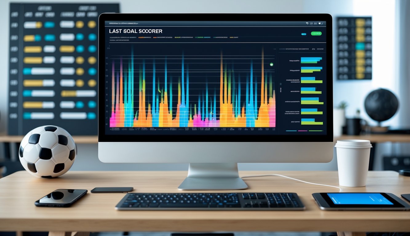 Sebuah meja kerja dengan komputer yang menampilkan grafik dan data statistik sepak bola tentang pencetak gol terakhir, dengan bola sepak dan papan taktik di latar belakang.