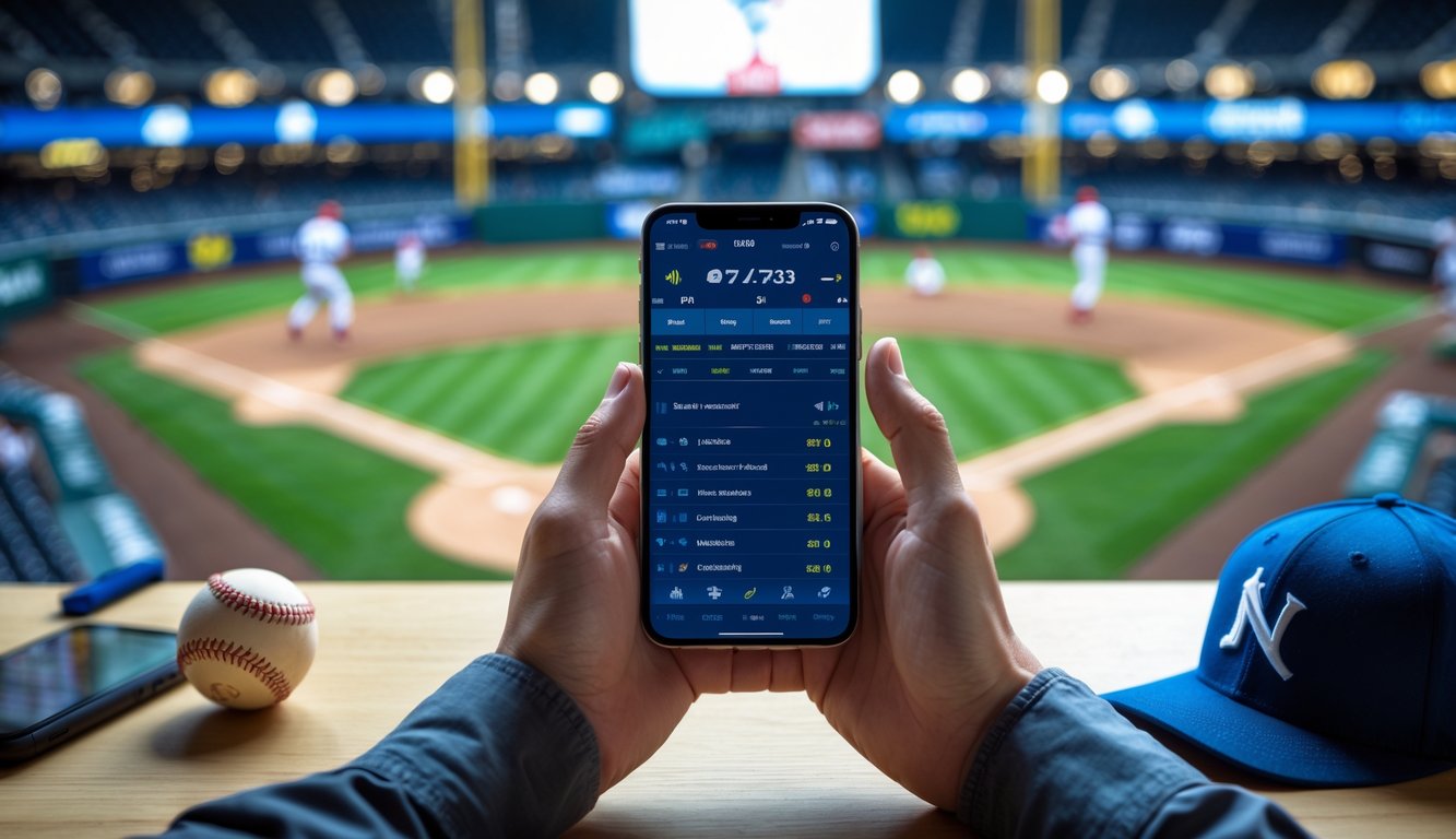 Tangan memegang ponsel dengan aplikasi taruhan olahraga baseball, latar belakang stadion baseball dengan pemain sedang bertanding.
