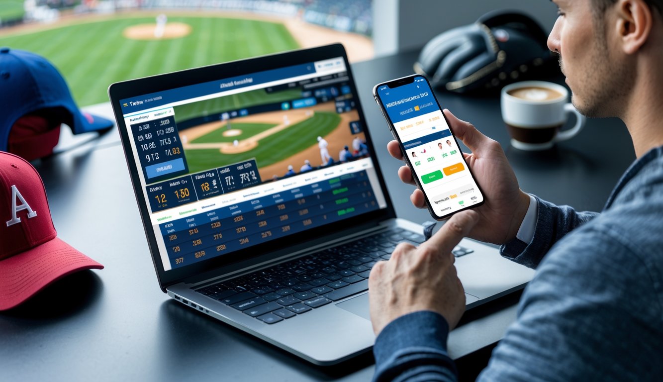 Seorang pria sedang menggunakan laptop dan ponsel untuk melihat pertandingan baseball dan data taruhan di meja kerja.