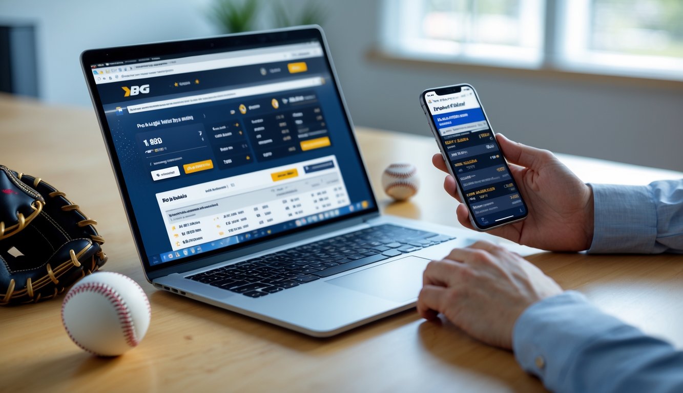 Sebuah laptop dan smartphone di atas meja kayu dengan sarung tangan dan bola baseball di sampingnya, menunjukkan aktivitas taruhan pada pertandingan baseball.