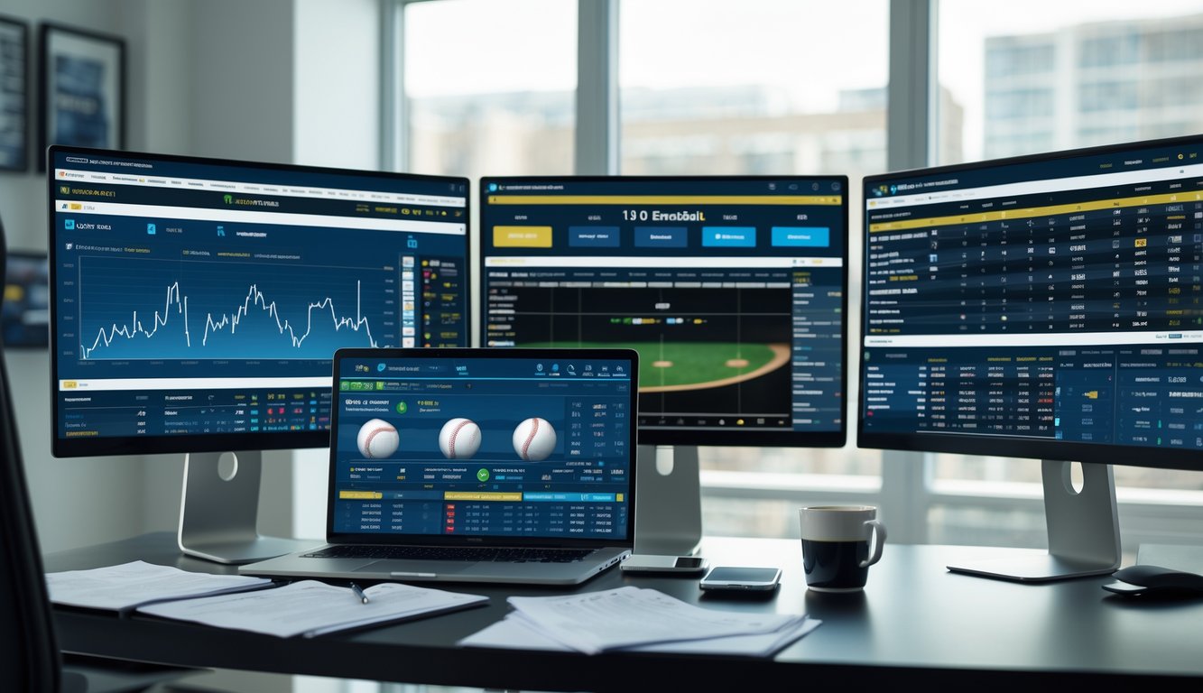 Seorang analis olahraga sedang bekerja di meja dengan beberapa monitor yang menampilkan statistik dan grafik terkait baseball, serta laptop yang memutar pertandingan baseball secara langsung.