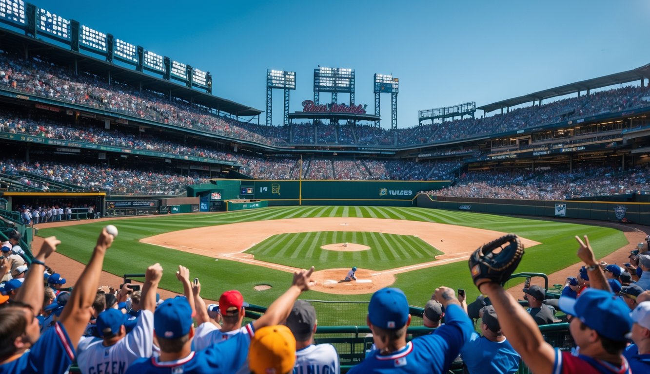 Stadion baseball penuh penonton yang antusias dengan pemain yang sedang menangkap bola di lapangan.