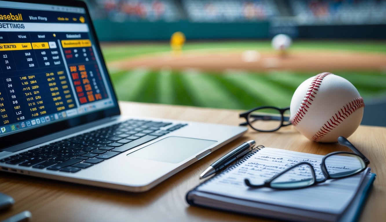Sebuah meja kerja dengan laptop yang menampilkan statistik baseball, bola baseball, dan catatan tertulis di atas meja kayu, dengan lapangan baseball yang terlihat samar di latar belakang.