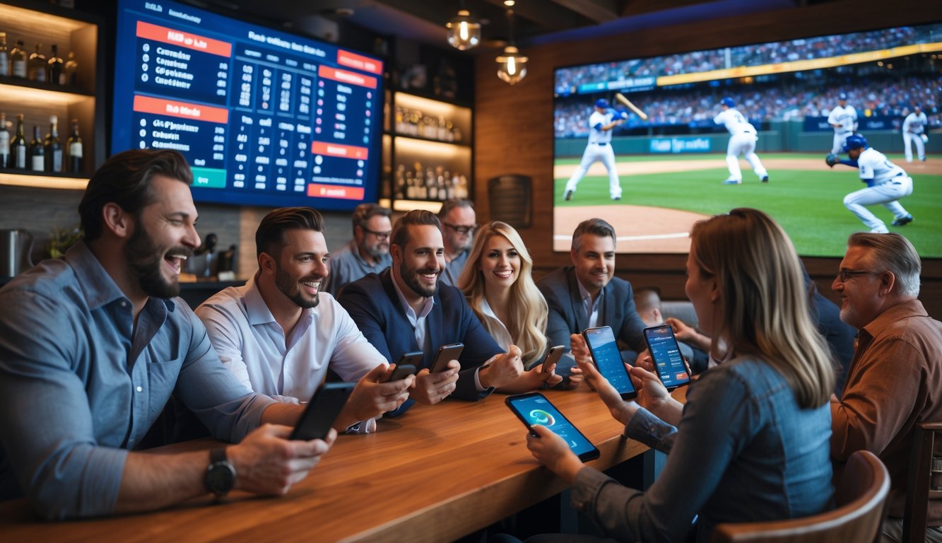Sekelompok orang sedang menonton pertandingan bisbol dan menggunakan perangkat elektronik untuk memasang taruhan di sebuah bar olahraga.