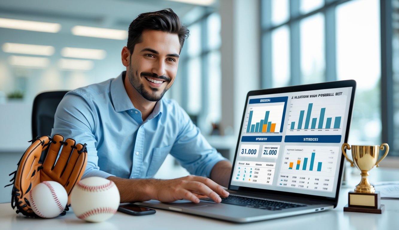 Seorang pria duduk di meja dengan laptop yang menampilkan statistik baseball dan peluang taruhan, dikelilingi oleh sarung tangan baseball, bola, dan trofi kecil.