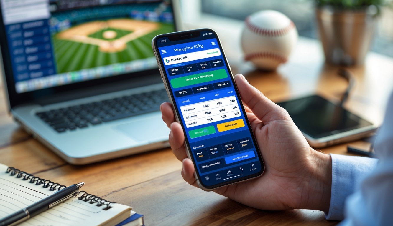 Seseorang memegang ponsel yang menampilkan aplikasi taruhan bisbol dengan bola bisbol dan laptop di meja kayu.