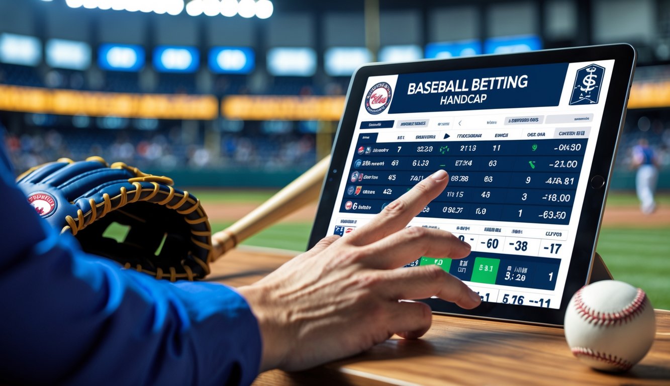 Seseorang sedang menganalisis statistik baseball menggunakan tablet dengan bola baseball dan sarung tangan di atas meja, latar belakang stadion baseball terlihat samar.