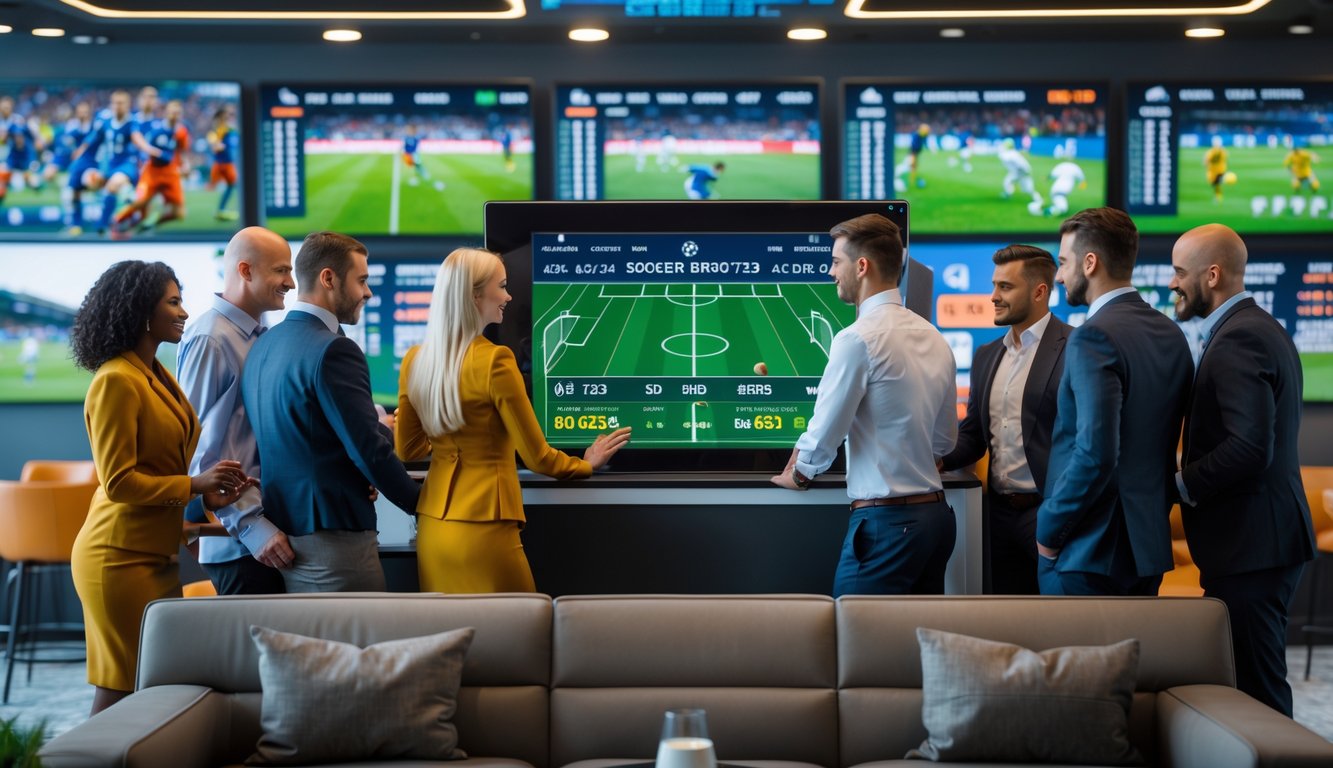 Sekelompok orang yang sedang melihat layar digital dengan statistik dan peluang taruhan sepak bola di ruangan modern.