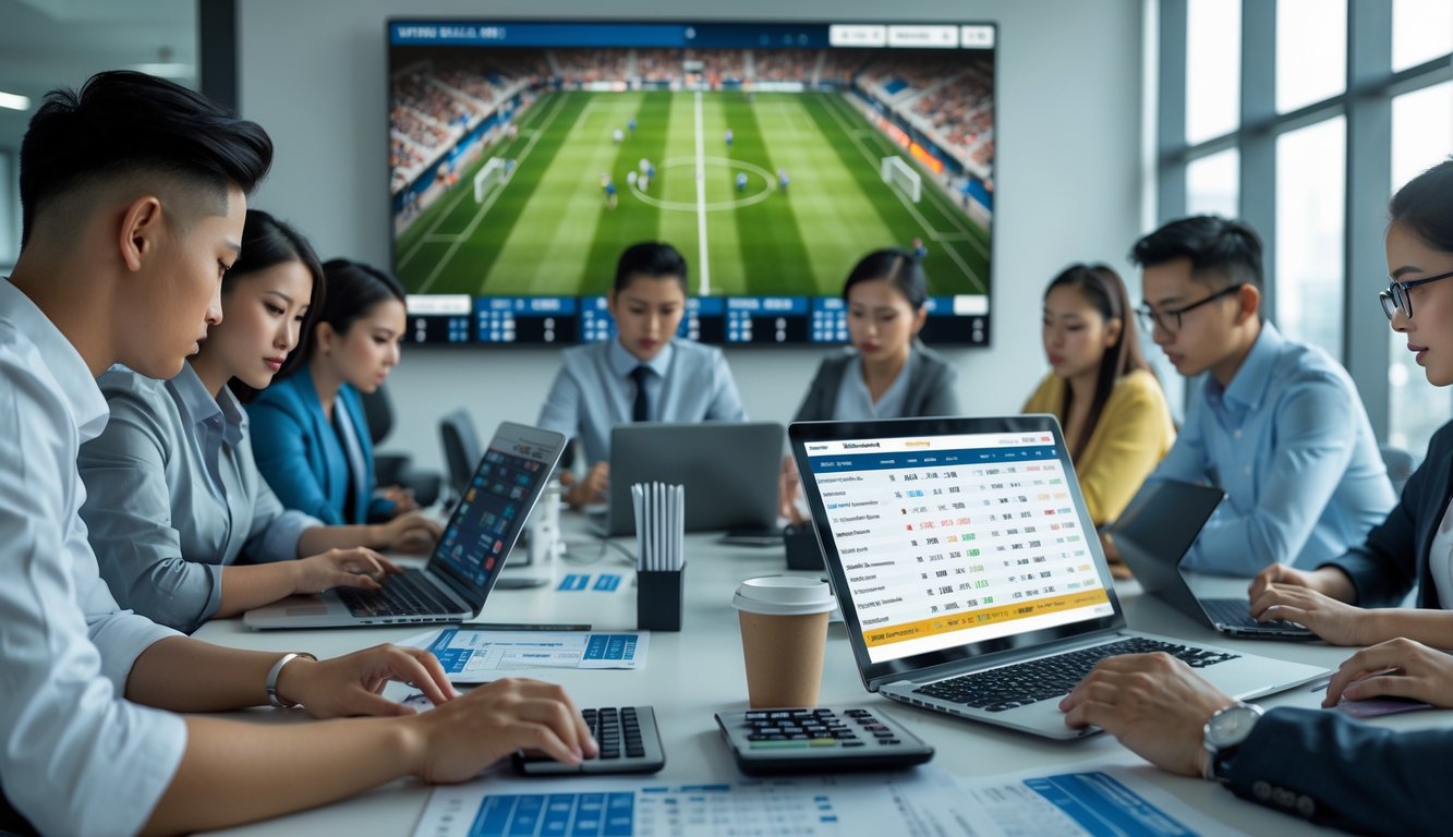 Beberapa orang sedang menggunakan perangkat digital untuk melihat statistik dan peluang taruhan sepak bola di sebuah kantor modern.
