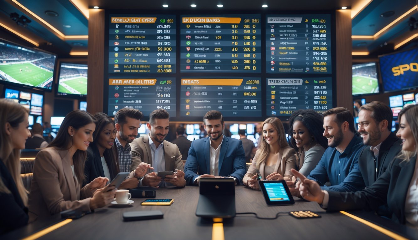 Sekelompok orang sedang berkumpul di ruang taruhan olahraga dengan layar digital besar menampilkan berbagai pertandingan dan peluang taruhan.