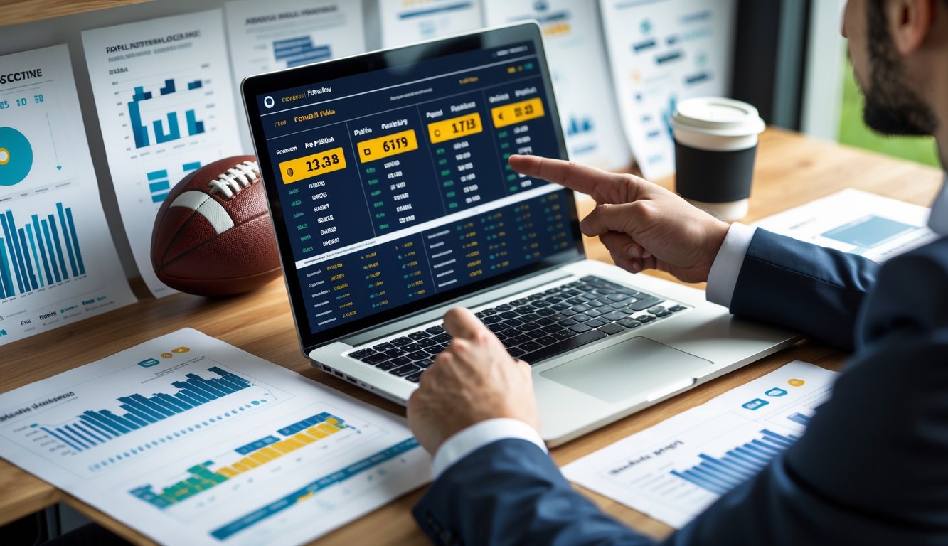 Seseorang sedang menganalisis statistik pertandingan sepak bola di laptop dengan beberapa dokumen dan ponsel di meja kerja.