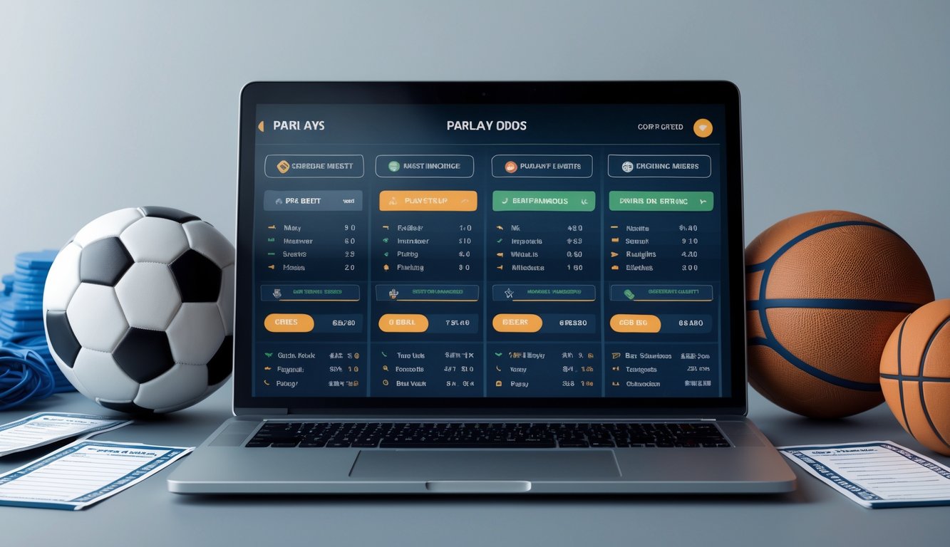 Sebuah laptop di meja dengan antarmuka taruhan olahraga terbuka, dikelilingi bola sepak dan bola basket.