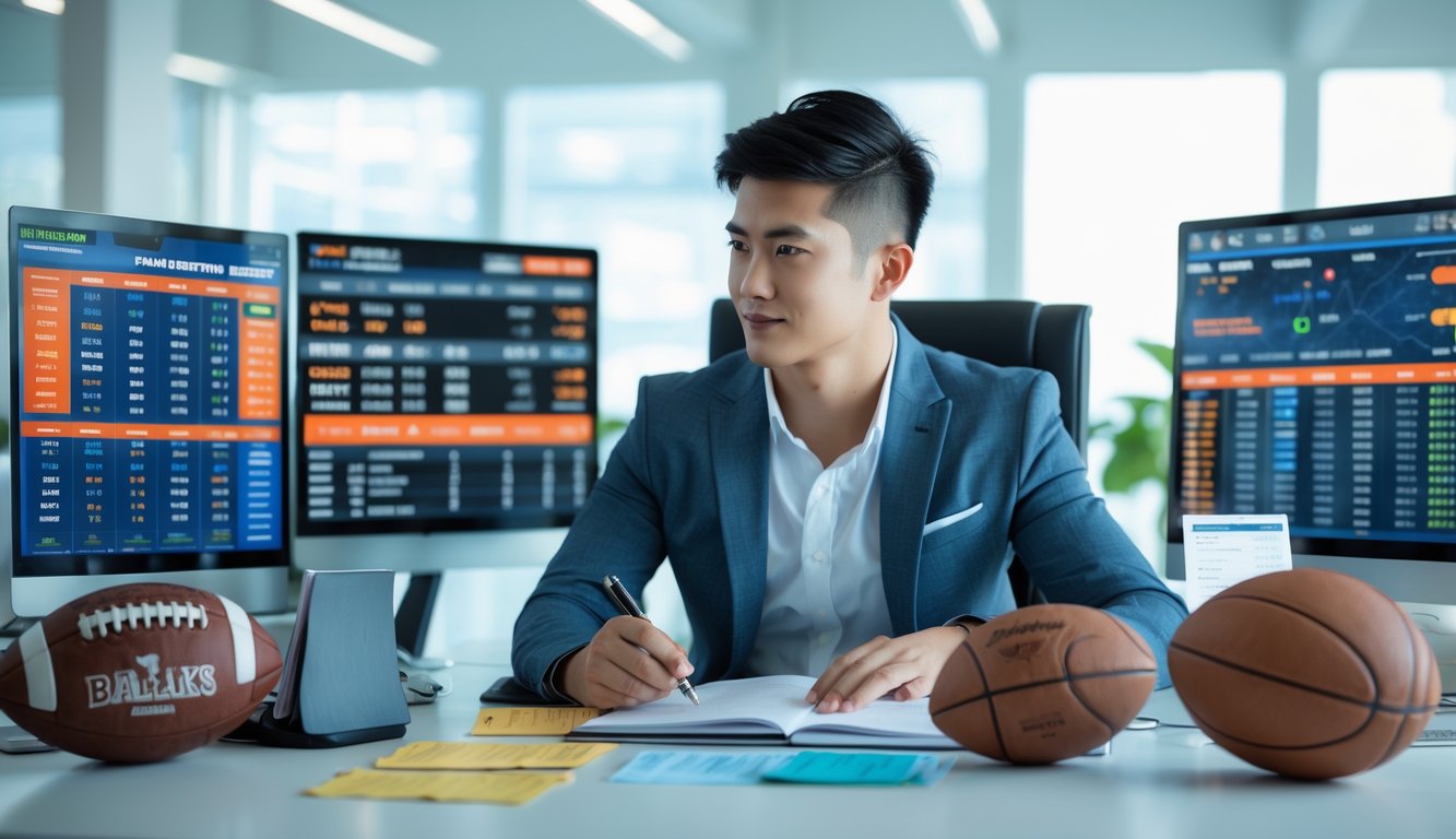 Seorang pria muda duduk di meja dengan beberapa layar yang menampilkan data taruhan olahraga, sedang menganalisis informasi dengan serius.