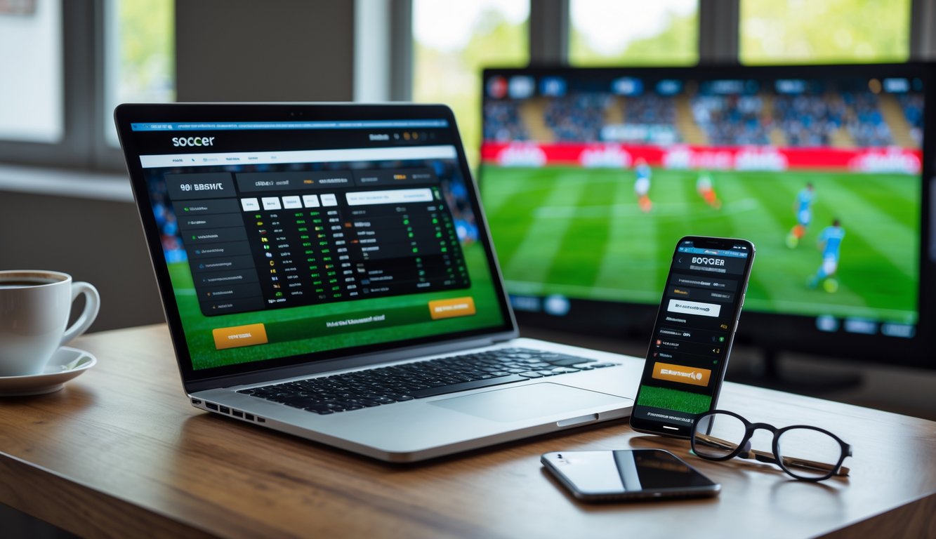 Seorang pria menggunakan laptop dan ponsel untuk memasang taruhan sepak bola online di meja kerja dengan layar besar menampilkan pertandingan sepak bola yang sedang berlangsung.