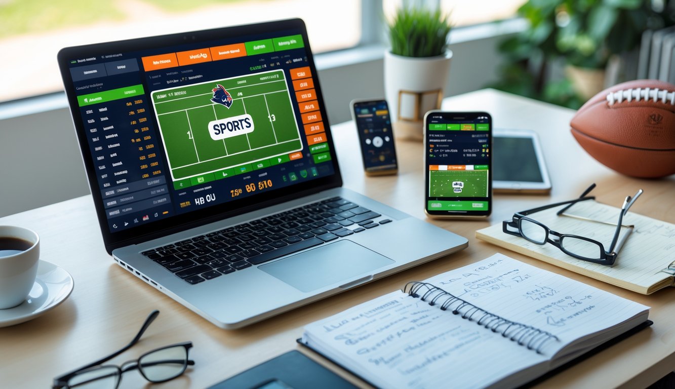 Meja kerja modern dengan laptop, ponsel, dan catatan terkait taruhan olahraga parlay.