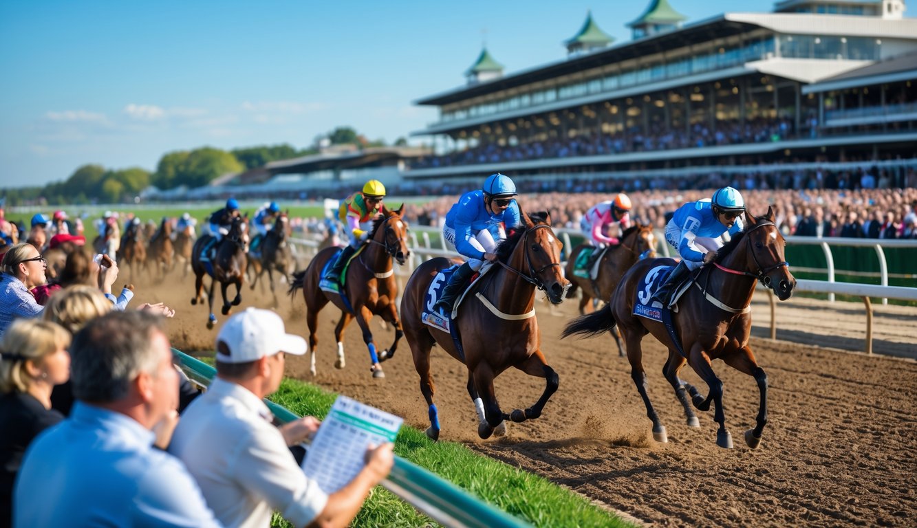 Orang-orang sedang menonton dan memasang taruhan pada lomba balap kuda di arena pacuan kuda.