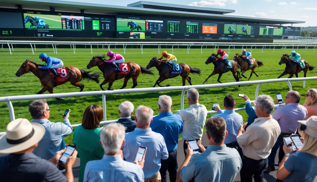 Orang-orang sedang menonton dan memasang taruhan pada balapan kuda di arena balap kuda yang ramai.